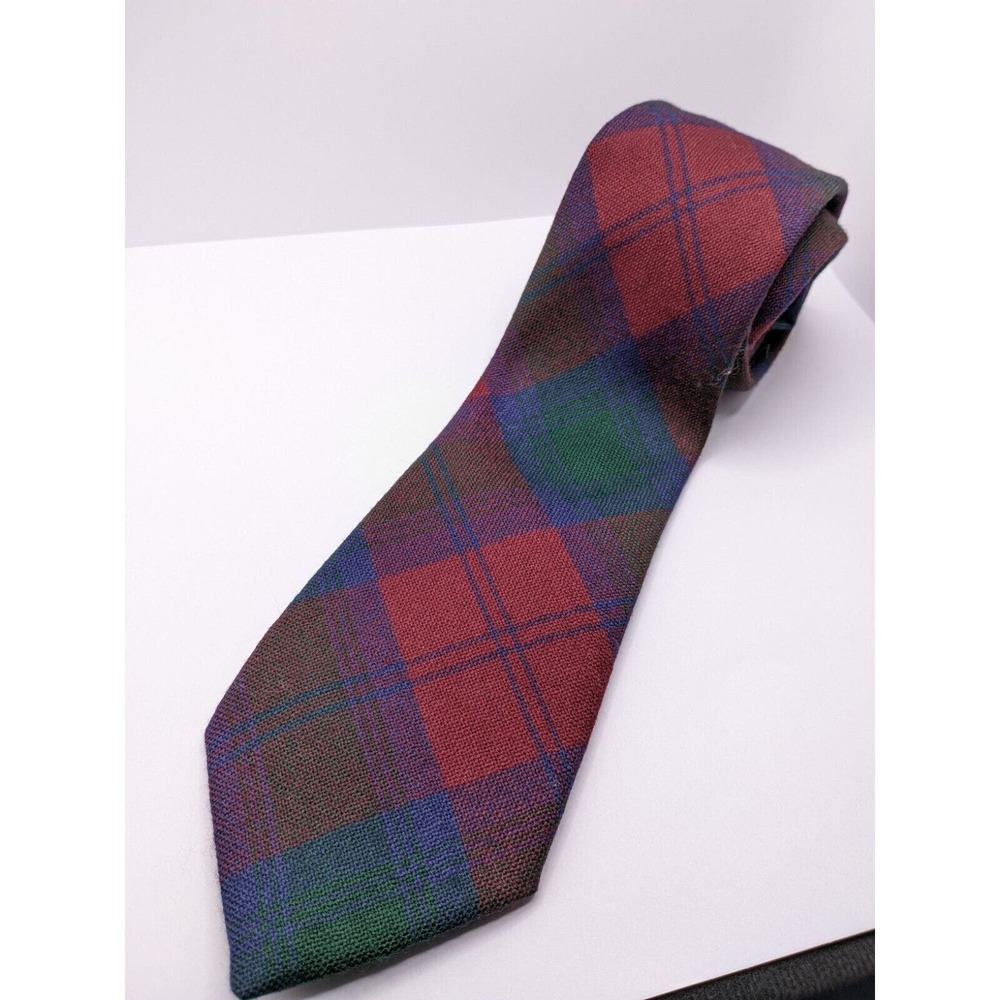 Vintage Mens Lindsay Tartan Tie Red/Maroon Blue Green Plaid style Tipped